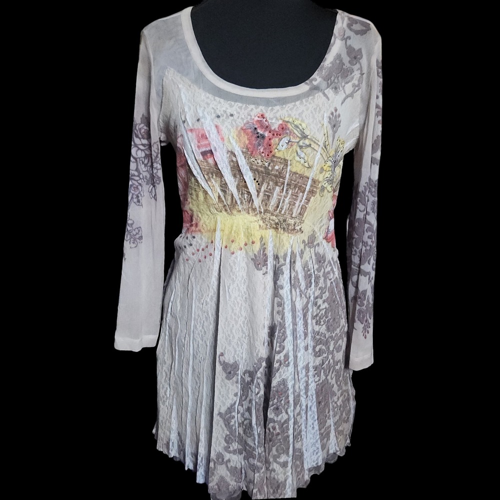 Vintage Sheer Mesh Lace Tunic Top Long Sleeve Graphic Sequin Beige Large - Picture 2 of 11